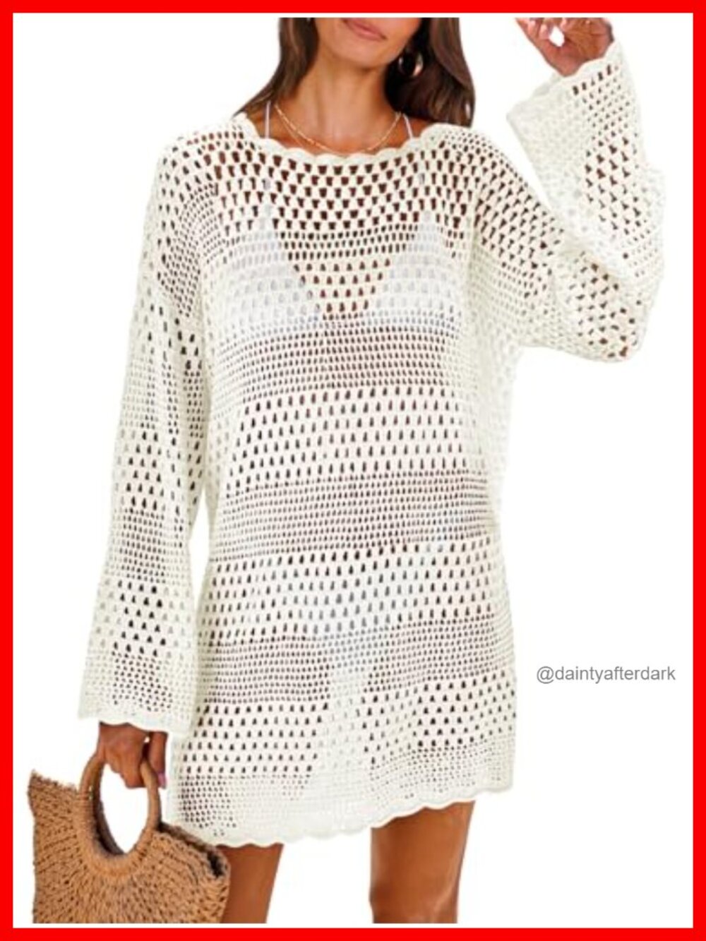 Crochet Swim Cover Up Mini Dress Bell Sleeve Beach